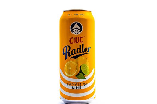 Can of Ciuc Radler beer isolated on white. Illustrative editorial photo shot in Bucharest, Romania, 2021