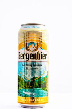 Can of Bergenbier beer isolated on white. Illustrative editorial photo shot in Bucharest, Romania, 2021