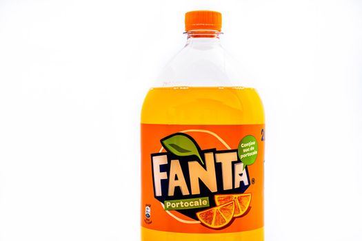 Fanta plastic bottle Isolated on white background. Illustrative editorial photo shot in Bucharest, Romania, 2021