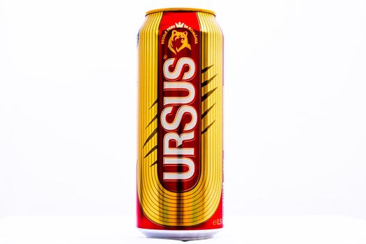 Can of Ursus beer isolated on white. Illustrative editorial photo shot in Bucharest, Romania, 2021