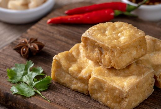 Deep fried stinky tofu, fermented bean curd with pickled cabbage vegetable, famous and delicious street food in Taiwan.