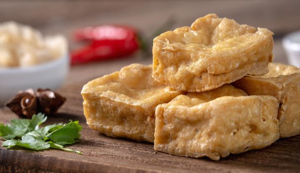 Deep fried stinky tofu, fermented bean curd with pickled cabbage vegetable, famous and delicious street food in Taiwan.