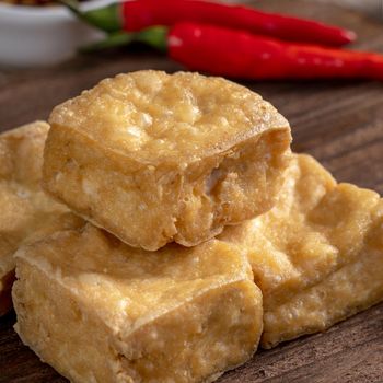 Deep fried stinky tofu, fermented bean curd with pickled cabbage vegetable, famous and delicious street food in Taiwan.