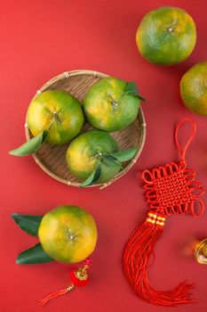 Top view of fresh ripe tangerine mandarin orange with fresh leaves on red table background for Chinese lunar new year fruit concept, the Chinese word means spring.