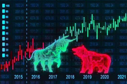 Concept art of Bullish and Bearish Stock Market in futuristic idea suitable for Stock Marketing or Financial Investment
