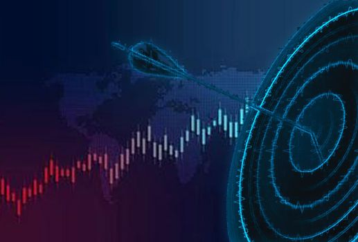 Arrows lace on dartboard behind stock market statistics graph or forex chart with indicator in abstract background. Business concept to present marketing strategy and target goal.