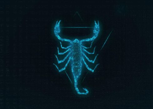 Futuristic glowing low polygonal scorpion isolated on dark blue background. Zodiac sign Scorpio.