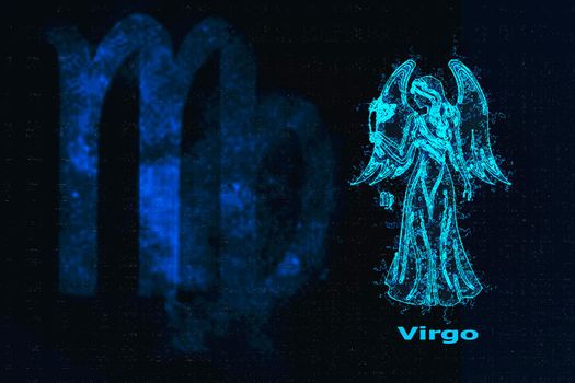 virgo horoscope sign in twelve zodiac with galaxy stars background, graphic of wireframe sexy girl