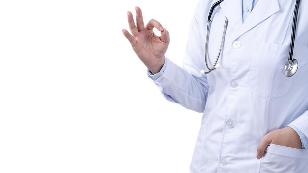 Female doctor body part with hand gesture, young woman physician with stethoscope isolated on white background, close up, cropped view, copy space