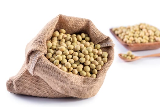 Yellow-green Taiwanese organic non-GMO soybeans, soy beans in a container isolated on white backgorund, close up, clipping path.