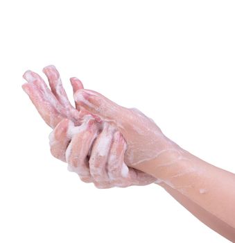 Washing hands isolated on white background. Asian young woman using liquid soap to wash hands, concept of protecting pandemic coronavirus, close up.