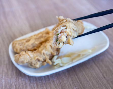 Fried shrimp roll - Taiwanese food cuisine in Tainan, Taiwan restaurant, close up, lifestyle.