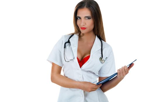 Beautiful sexy nurse with serious face and with stethoscope, posing isolated on white background. Looking at camera.
