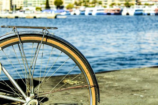 Vintage bicycle by the sea in the dock in Santa Pola, Alicante, Spain