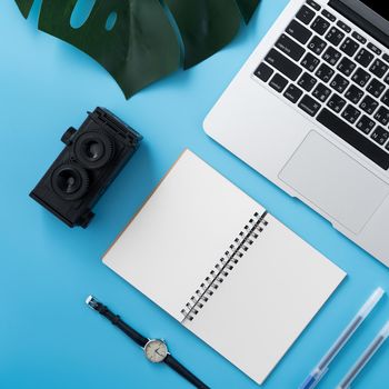Concept of stylized home office table with fashion accessories, minimal interior, workspace design, close up, flat lay, copy space, top view, mockup