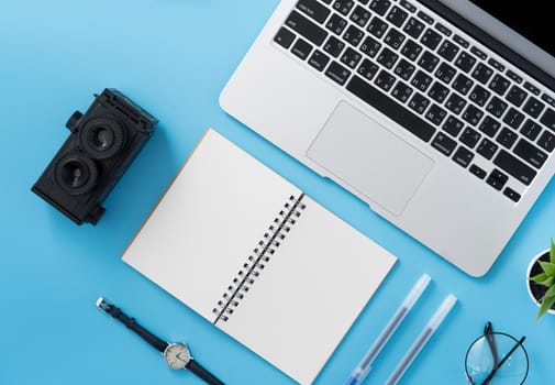 Concept of stylized home office table with fashion accessories, minimal interior, workspace design, close up, flat lay, copy space, top view, mockup