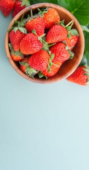 A bowl of beautiful and delicious strawberries isolated on a blue-green background, closeup, topview, copyspace.