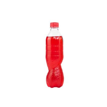 Red sparkling water in a plastic bottle isolated on white background