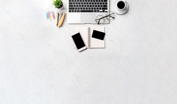 Online purchase concept, mock up credit card with fashion office desk computer isolated on beautiful marble background, workspace design, topview, flatlay, copyspace, closeup