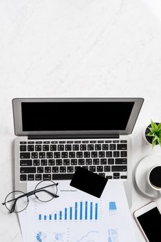 Online purchase concept, mock up card with fashion office desk computer isolated on beautiful marble background, workspace design, top view, flat lay, copy space, closeup