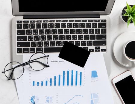 Online purchase concept, mock up card with fashion office desk computer isolated on beautiful marble background, workspace design, top view, flat lay, copy space, closeup