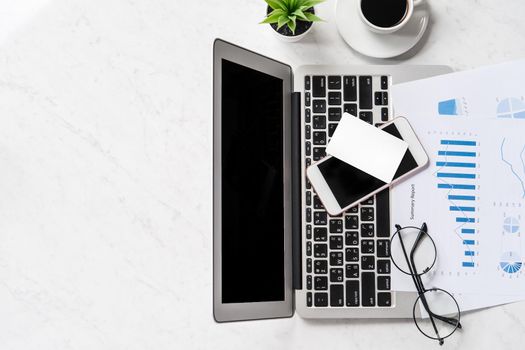 Online purchase concept, mock up card with fashion office desk computer isolated on beautiful marble background, workspace design, top view, flat lay, copy space, closeup