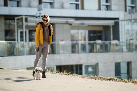 A smiling  woman walking with her cute Shih Tzu dog at the city.