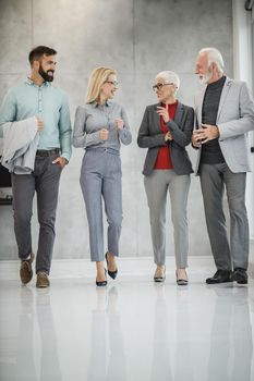 A group of confident business people walking and talking in a modern office hall during the day and looking with smile.