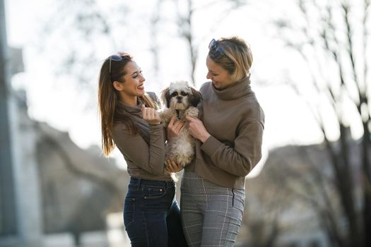 Portrait of a two young female friends with their pet Shih Tzu dog at the city.