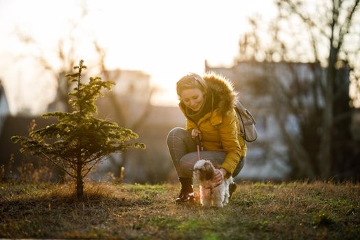An attractive woman spending time with her cute Shih Tzu puppy at the city park