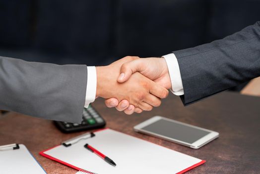 Two Professional Well-Dressed Corporate Businessmen Handshake Indoors