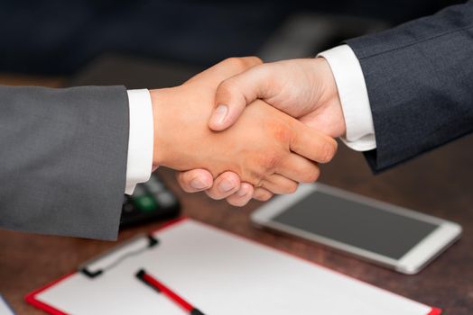 Two Professional Well-Dressed Corporate Businessmen Handshake Indoors