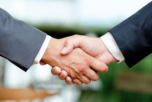 Two Professional Well-Dressed Corporate Businessmen Handshake Indoors