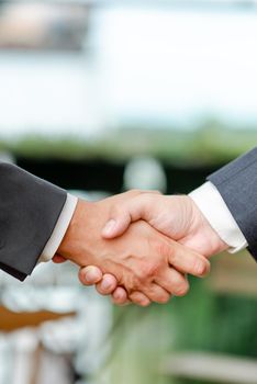 Two Professional Well-Dressed Corporate Businessmen Handshake Indoors