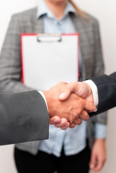 Two Professional Well-Dressed Corporate Businessmen Handshake Indoors