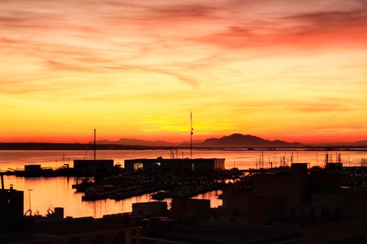 Beautiful and colorful Sunset in Santa Pola, a small fishing village in southern Spain