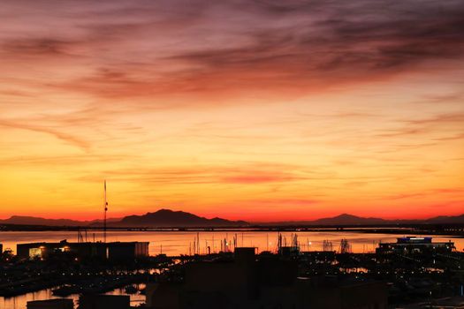 Beautiful and colorful Sunset in Santa Pola, a small fishing village in southern Spain