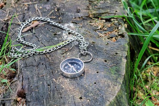 Compass on a stump in the summer forest close up