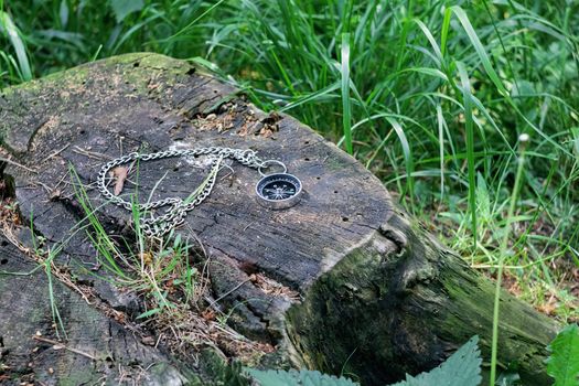 Compass on a stump in the summer forest close up