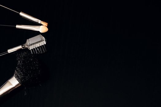 A set of brushes for applying makeup close-up on a dark background, copy space
