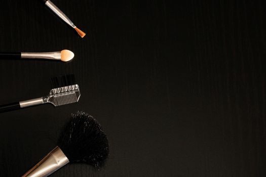 A set of brushes for applying makeup close-up on a dark background, copy space