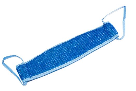 Blue sponge for body wash close up, isolated on white background