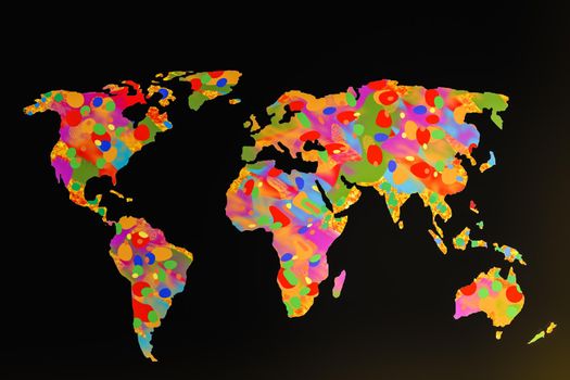 Roughly outlined world map with a colorful background patterns