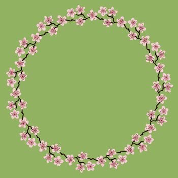 Colorful flowers wreath.Delicate wreath of sakura branches.Flowers blossom hand drawn,circle frame of pink colors flowers on olive.Design for invitation, wedding invitation or greeting cards.Copyspace