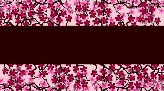 Floral greeting banner with beautiful pink blossom flowers branch Sakura. Burguny colors Background with copy space text on Cherry Twig In Bloom.Postcard good for wedding invitation, Mother, Women day