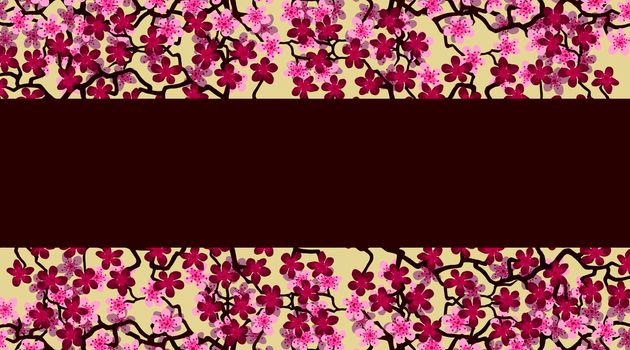 Floral greeting banner with beautiful pink blossom flowers branch Sakura.Burgundy colors Background with copy space text on Cherry Twig In Bloom. Postcard good for wedding invitation,Mother, Women day