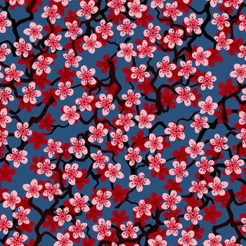 Seamless pattern with blossoming Japanese cherry sakura branches for fabric, packaging, wallpaper, textile decor, design, invitations, print, gift wrap, manufacturing. Pink flowers on cyan background