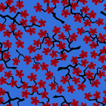 Seamless pattern with blossoming Japanese cherry sakura branches for fabric, packaging, wallpaper, textile decor, design, invitations, print, gift wrap, manufacturing. Red flowers on cyan background