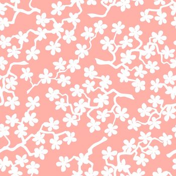 Seamless pattern with blossoming Japanese cherry sakura branches for fabric, packaging, wallpaper, textile decor, design, invitations, print, gift wrap, manufacturing. White flowers on pink background