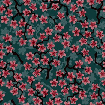 Seamless pattern with blossoming Japanese cherry sakura branches for fabric,packaging,wallpaper,textile decor,design, invitations,print,gift wrap,manufacturing.Pink flowers on olive background